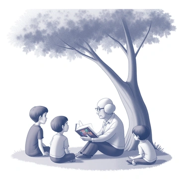 A grandparent sits on a patch of grass beneath a large, leafy tree. The grandparent is holding an open storybook, displaying colorful illustrations on the pages. Several curious children are gathered around, sitting attentively on the ground. Their eyes are wide with fascination as they listen to the grandparent's voice. The tree provides a dappled shade, and the grass is lush and inviting. The children's expressions show a mix of wonder and excitement as they engage with the story being told.