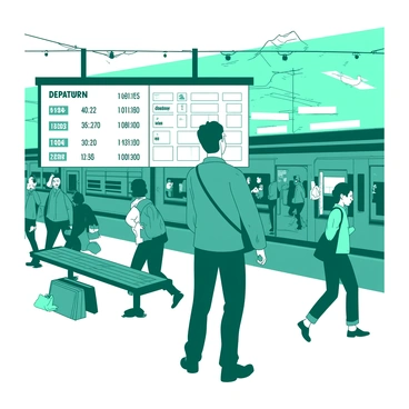 A teal patron is standing on a crowded train station platform, looking intently at a large white schedule board displaying departure times. Around the patron, there are various travelers with bags, hurriedly moving in different directions. The platform has multiple trains arriving and departing, and there are benches filled with people waiting. The atmosphere is lively, with announcements being made over the loudspeakers.