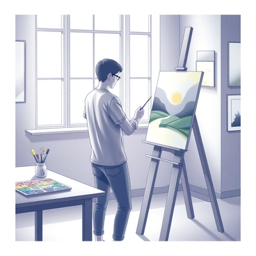 An artist standing at a wooden easel in a bright studio. The room is filled with natural light streaming through large windows, illuminating the various art supplies scattered around. The artist holds a paintbrush in one hand, poised over a canvas that displays a partially finished landscape painting. A palette with vibrant watercolor paints is placed on a nearby table, with brushes of different sizes resting in a jar beside it. The walls are adorned with sketches and completed artworks, showcasing the artist's creative journey.