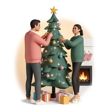 Two friends, a man and a woman, are decorating a Christmas tree together in a warmly lit room. The man is wearing a red sweater and dark jeans, while the woman is dressed in a green sweater and black leggings. They are both smiling as they hang colorful ornaments on the tree, which is adorned with twinkling lights. The room has a cozy atmosphere with a fireplace in the background and stockings hanging from the mantel. There are presents wrapped in festive wrapping paper scattered around the base of the tree. A faint glow from the lights creates a cheerful ambiance.