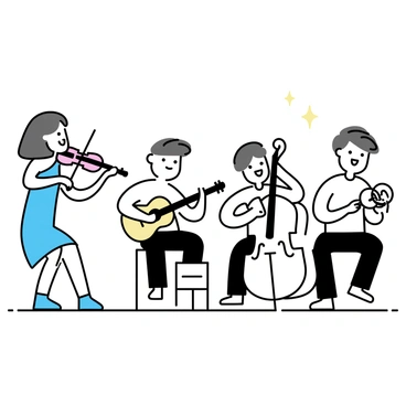 A group of four musicians is performing traditional Jewish music. One musician is playing a violin, showcasing intricate finger placements on the strings. Another musician is holding a tambourine, shaking it rhythmically. The third musician is seated, strumming a guitar, while the fourth is playing an upright bass. Each musician is focused on their instrument, contributing to the lively atmosphere of the performance. They are dressed in traditional clothing: the violinist wears a white shirt and black pants, while the tambourine player has on a blue dress, adding a splash of color to the scene. The setting is a simple, minimalistic stage, allowing the musicians to be the focal point.