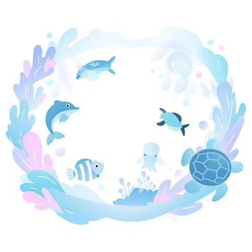 An underwater scene features vibrant corals and plants swaying gently with the currents. On one side, cartoon sea creatures such as a cheerful octopus with large round eyes, a playful dolphin leaping through the water, and a friendly clownfish swim together, creating a lively atmosphere. On the opposite side, illustrated sea creatures like a detailed angelfish with intricate patterns, a graceful seahorse coiling among the seaweed, and a majestic sea turtle gliding through the waves are depicted with fine lines and shading. Bubbles rise from the sea floor, and beams of light filter down from the surface, illuminating the lively underwater world.