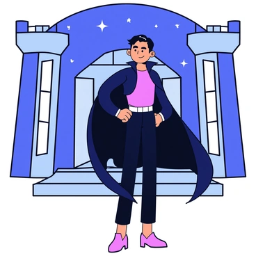 A sleek villain with a dark cape that flows dramatically behind them. The villain has sharp features and a confident stance, exuding an intimidating presence. They stand in front of a high-tech fortress, which is designed with angular shapes and glowing neon lights. The fortress has tall walls and large, imposing gates, creating an atmosphere of strength and security. The scene is set against a night sky filled with stars.