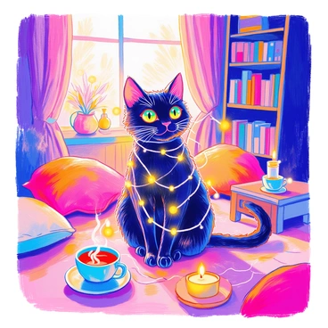 A black cat with shiny fur is tangled in a string of warm fairy lights. The cat's bright green eyes are wide with curiosity. The cozy room is softly illuminated by the glow of the fairy lights, highlighting the plush rug beneath. There are various cushions scattered around, and a small bookshelf filled with books can be seen in the background. A steaming cup of tea rests on a wooden side table next to a flickering candle.