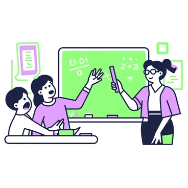 A teacher with glasses is standing at the front of a classroom. She has an angry expression on her face as she points a ruler toward a group of noisy students. The students are seated at their desks, some looking surprised and others laughing. The classroom features a blackboard filled with mathematical equations and colorful posters on the walls. The teacher is wearing a professional outfit, consisting of a blouse and a pencil skirt. A desk with school supplies is positioned off to the side.