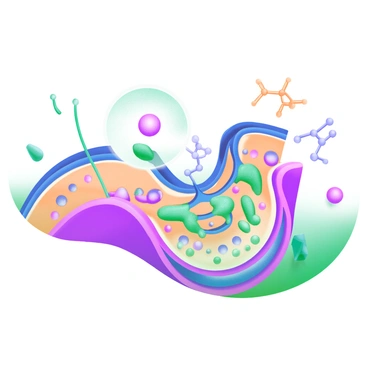 A cross-section of a cell membrane displaying the structure of "lipid bilayers" in vibrant colors. The lipid bilayers are depicted as two parallel lines with various lipid molecules represented as rounded shapes. Small protein channels are illustrated throughout the bilayers, showing their integration within the membrane. The overall scene includes a subtle texture to suggest the fluid nature of the membrane, and there are scattered small molecules to represent potential interactions.