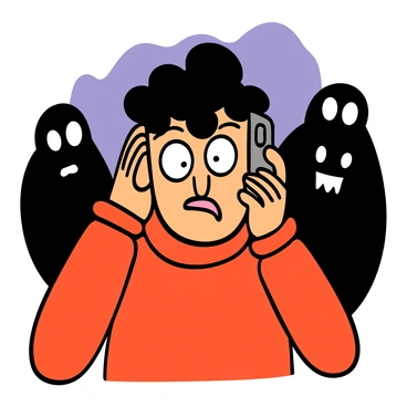 Close-up of a light-skinned character with big eyes and messy black hair, holding a smartphone to their ear. The character has a terrified expression, with wide eyes and slightly parted lips, showing fear and concern. They are wearing a red hoodie. In the background, there are soft, blurred outlines of dark shapes, hinting at a mysterious presence. The light on their face is dim, adding to the tense atmosphere of the scene.