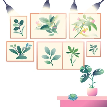 A wall in a café is filled with detailed botanical illustrations of various plants. Each illustration showcases a unique plant species, featuring vibrant greens and intricate details. Some plants have delicate flowers in shades of pink and yellow, while others display rich, dark leaves. The illustrations are framed in simple, wooden frames and arranged in a harmonious pattern. Soft light from overhead fixtures highlights the textures of the paper and the colors of the plants, enhancing the inviting atmosphere of the café. A small potted succulent sits on a table nearby, complementing the wall's botanical theme.
