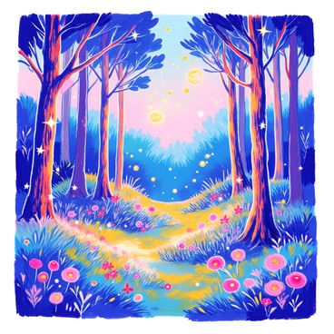 A magical forest filled with tall, slender trees. The trunks are dark brown with textured bark, and the leaves create a dense canopy overhead. Among the trees, the branches are adorned with twinkling lights that resemble the "Gemini constellation." The stars are bright and scattered, forming the recognizable shape of the twins. Below, a carpet of lush green moss covers the forest floor, and soft, glowing orbs of light float gently in the air, illuminating the scene. Small, colorful flowers peek through the moss, adding vibrant splashes of color throughout the forest.