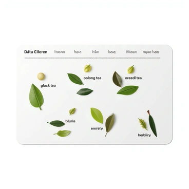 A chart displaying various tea varieties, including "green tea," "black tea," "oolong tea," "white tea," and "herbal tea." Each variety is accompanied by detailed illustrations of the corresponding leaves, showcasing their unique shapes and colors. Flavors are represented with small icons or graphical elements that illustrate taste profiles such as "floral," "fruity," "earthy," and "spicy." The chart is organized in a visually appealing layout, with clear headings and labels for each tea variety.
