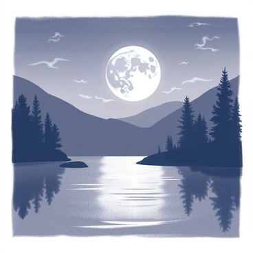 A night scene with a large, "sad moon" positioned in the sky, appearing round and slightly obscured by wispy clouds. The moon casts a "gentle glow" over a tranquil lake, creating a shimmering reflection on the water's surface. The lake is surrounded by dark silhouettes of trees and gently sloping hills in the background. The atmosphere is calm, with ripples on the water suggesting a light breeze. The scene conveys a sense of quiet solitude, illuminated only by the moonlight.