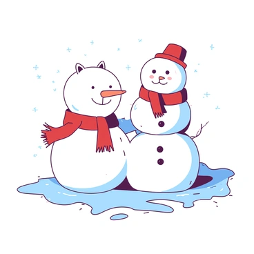 A white capybara is standing in a snowy landscape, using its paws to shape a large snowman. The capybara is wearing a red scarf wrapped around its neck and a red hat tilted on its head. The snowman, composed of three large snowballs, has a friendly face made of small stones for eyes and a carrot for a nose. Surrounding the scene are gently falling snowflakes, creating a festive winter atmosphere. The ground is covered in a thick layer of white snow, with patches of glistening ice visible in the sunlight.