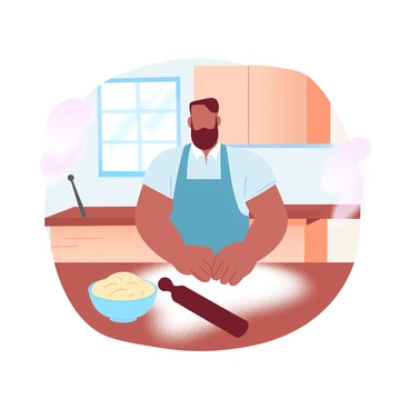 A man is standing at a wooden kitchen counter, carefully kneading dough. The counter is dusted with flour, creating a soft white layer. Behind him, there are warm wooden cabinets and a window that lets in gentle sunlight. A bowl filled with dough sits nearby, and a vintage rolling pin rests next to it. The man is wearing an apron over a simple shirt, and his hands are covered in flour. A warm and inviting atmosphere surrounds the kitchen.