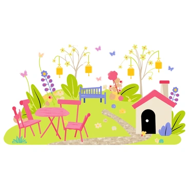 A whimsical fairy garden filled with vibrant tiny flowers in various colors, including pink, purple, and yellow. The garden features an assortment of miniature furniture, such as a small wooden table with two tiny chairs and a delicate bench nestled among the flowers. Tiny lanterns hang from the branches of a small tree, casting a warm glow. A pebble pathway winds through the garden, leading to a cozy stone cottage with a thatched roof. In the background, there are butterfly decorations fluttering above the flowers, adding to the enchanting atmosphere.