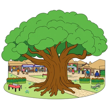 A large banyan tree with thick, sturdy trunks and sprawling roots extending outward across the ground. The tree's lush green leaves provide a dense canopy overhead, creating a shaded area below. Surrounding the tree, there is a cobblestone path leading into a vibrant village square. The square is filled with colorful market stalls and villagers engaging in various activities. Brightly colored flowers bloom in nearby gardens, and a few benches are positioned under the shade of the banyan tree, inviting people to sit and relax. In the background, traditional village houses with thatched roofs can be seen.