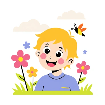 A colorful schmetterling with vibrant orange and black wings is gently landing on a child's nose. The child has a joyful expression, with wide eyes and a bright smile. The background features a sunny day with fluffy white clouds and green grass. Surrounding the child are blooming flowers in various colors, adding a playful touch to the scene. The child's hair is tousled, and they are wearing a light blue shirt, creating a cheerful atmosphere.