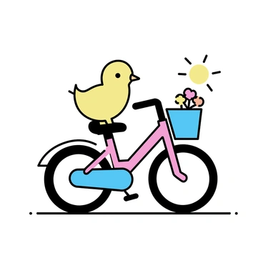 A daring chick perched on the handlebars of a child's bicycle