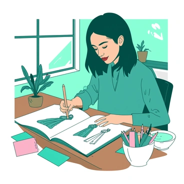 A teal fashion designer with shoulder-length black hair is sitting at a wooden table. She is focused on drawing clothing sketches in a white sketchbook. The sketches depict various affordable clothing designs, including dresses and casual wear. Surrounding her on the table are colored pencils in a white container, fabric swatches in different textures and colors, and a small potted plant. The room has a bright ambiance with natural light streaming in from a window.