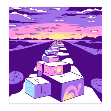 A pathway made of illustration boxes leading to a colorful horizon filled with diverse artistic styles.