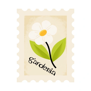 A vintage postage stamp with a rectangular shape and a slightly faded border. The stamp features a detailed illustration of a "gardenia" with lush white petals and dark green leaves. The background of the stamp has an aged, yellowed texture, giving it an antique appearance. The edges of the stamp have a decorative scalloped border.