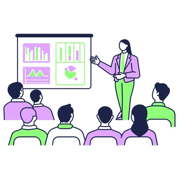A professional individual is standing confidently while delivering a presentation. They are wearing a tailored suit and have a focused expression. In front of them, a large screen displays a series of presentation slides featuring graphs and bullet points. The audience, consisting of men and women in business attire, is seated in rows, attentively listening. Some audience members are taking notes, while others are looking at the presenter. There are several chairs visible, and the room has a modern design with soft lighting.