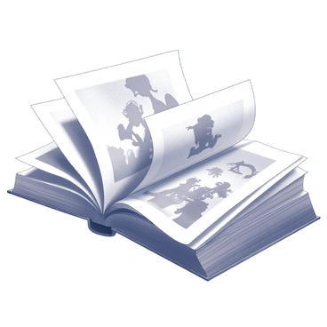 A close-up view of an open storybook with pages mid-turn. The pages are filled with intricate illustrations depicting various characters. Some character figures appear to be leaping out from the pages, showcasing dynamic poses and expressions. The storybook is placed on a wooden surface, and faint hints of the surrounding environment can be seen, adding to the sense of magic and wonder in the scene.