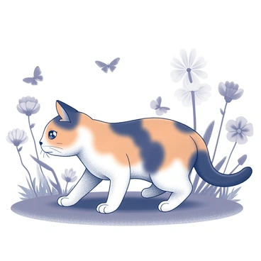 A calico cat with distinct patches of orange, black, and white fur is exploring a garden. The cat is crouched low, its eyes wide with curiosity as it observes the surroundings. In the garden, various types of flowers are in full bloom, showcasing intricate petals and differing shapes. Butterflies flit about, gracefully hovering near the flowers. The scene captures the lively interaction between the cat and the vibrant flora and fauna surrounding it.