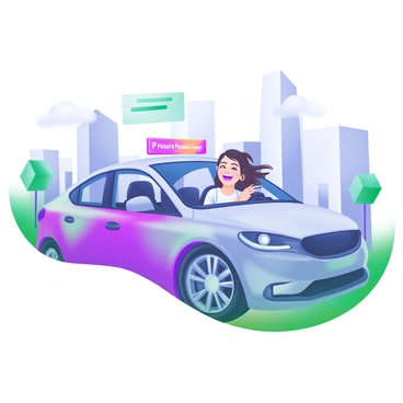 A person with a bright smile is joyfully driving a shiny new car on a sunny day. The car is a sleek, modern sedan with a glossy finish and stylish rims. Surrounding the car are hints of a lively cityscape, featuring tall buildings, trees, and a clear blue sky. Inside the car, the person is wearing casual attire and has their hair slightly tousled by the wind from an open window. A small "Financed by Personal Loan" sign is subtly visible on the dashboard.