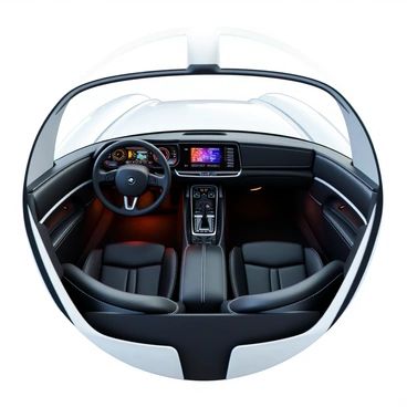 The interior of a high-performance white sports car is designed with a modern and sophisticated aesthetic. The seats are made of black leather with white stitching, providing a striking contrast to the overall white theme of the car. The dashboard features a sleek, digital display with various controls and gauges illuminated in vibrant colors. The steering wheel is wrapped in leather and has integrated buttons for easy access to features. Ambient lighting adds a subtle glow, enhancing the luxurious feel of the space. Large, panoramic windows allow for ample natural light to flood the cabin, showcasing the craftsmanship and attention to detail throughout the interior.