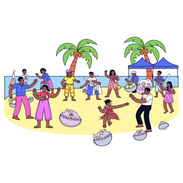 A beach festival scene is set on a sandy shore with turquoise water in the background. People are gathered around, each showcasing "conch shells" in various sizes and colors. Some individuals are participating in "traditional island dances," wearing bright, colorful clothing that flows with their movements. Tents are erected, displaying local crafts and foods, adding to the festive atmosphere. Palm trees are scattered in the background, swaying gently in the breeze.