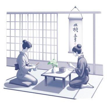 A traditional Japanese tea ceremony with participants in kimonos