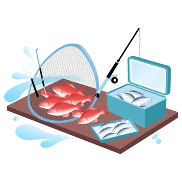 An assortment of fishing gear is laid out on a wooden dock. A large net is prominently displayed, filled with several red snapper fish, their vibrant colors standing out against the dark mesh of the net. Nearby, there are fishing rods with reels and a tackle box open, showcasing various lures and hooks. A cooler rests to the side, partially opened, revealing more freshly caught fish. In the background, gentle waves can be seen lapping against the dock, adding to the fishing atmosphere.