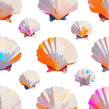 A seamless pattern design displaying an array of different colorful scallop shells. The scallop shells feature a variety of shapes and sizes, showcasing vibrant colors such as shades of pink, blue, orange, and yellow. Each shell is arranged in a repeating pattern, with some shells facing upward and others facing downward. The shells are artistically spaced to create a harmonious flow throughout the design, and their textures are detailed, highlighting the natural ridges and curves typical of scallop shells.