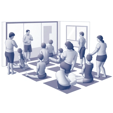 An indoor community center classroom is filled with diverse participants engaged in a stretching class. The group consists of individuals of varying ages, ethnicities, and fitness levels. Some participants are seated on exercise mats, while others stand next to them, all focused on stretching their calves. The room is equipped with mirrors along one wall, reflecting the participants as they perform calf stretches, with some using straps or towels for support. A fitness instructor demonstrates the technique at the front, providing guidance to the group. The atmosphere conveys a sense of camaraderie and encouragement among the participants.