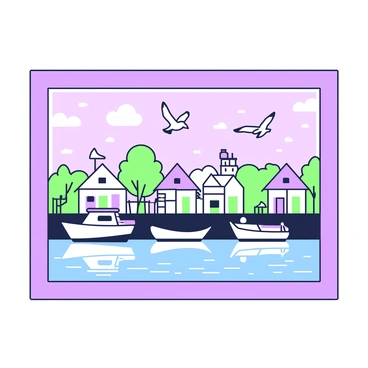 A framed picture shows a quaint seaside village with several small boats docked at a pier. The village consists of charming cottages with distinct roofs arranged along the shoreline. In the foreground, a few seagulls are flying above the boats, while others are perched on the pier railing. The water reflects the shapes of the boats and the cottages, creating a serene scene. The sky is clear, allowing sunlight to illuminate the village, enhancing the idyllic atmosphere.