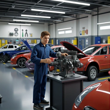 An automotive engineer working on a car engine in a bustling garage workshop
