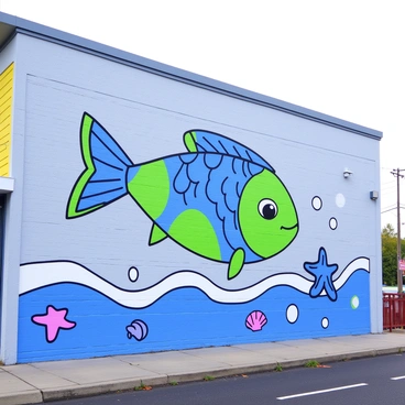 A mural featuring a minnow is painted on the side of a building. The minnow is depicted in vibrant colors, showcasing shades of blue and green with detailed scales. The fish appears to be swimming amidst stylized waves and bubbles, creating a dynamic scene. The building's surface is a light gray, providing a contrasting backdrop to the bright colors of the mural. Around the minnow, there are whimsical elements like small starfish and seashells incorporated into the design. The mural exudes a playful atmosphere, reflecting the creativity of local artists.