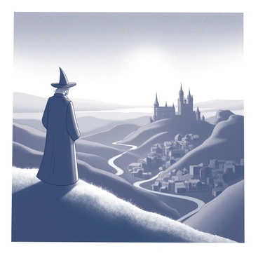 A figure of a wizard named "Merlin" stands on a hilltop. He is clad in a long robe and wears a pointed hat. His gaze is directed towards a sprawling medieval landscape below him. The landscape features rolling hills, dotted with small villages and winding dirt roads. In the distance, a castle can be seen perched upon another hill. The sky above is transitioning from deep black to a soft grey, indicating the early light of dawn. The scene is filled with a sense of calm anticipation, as day begins to break over the horizon.