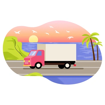 A parcel truck with a bright red cab and a white cargo box is driving along a coastal highway. The highway curves gently, bordered by vibrant green cliffs on one side and the sparkling blue ocean on the other. The sky is filled with warm hues of orange and pink as the sun sets on the horizon. The ocean reflects the colors of the sunset, creating a shimmering effect on the water's surface. Seagulls are flying above the truck, adding a sense of movement to the scene. A few palm trees line the highway, swaying gently in the evening breeze.