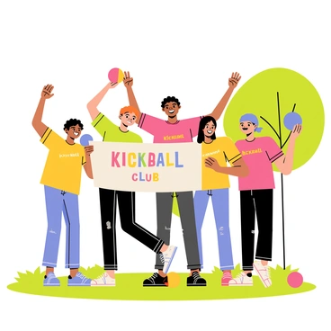 A group of five diverse friends standing together in a park, smiling and posing for the camera. One friend holds a large homemade banner that reads "Kickball Club" in colorful letters. They wear matching t-shirts in bright colors, and each of them holds a kickball in their hands. The scene is lively, with green grass underfoot and trees in the background. A few colorful kickballs are scattered on the ground around them, emphasizing their enthusiasm for the game.