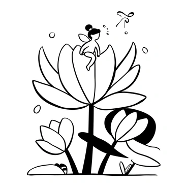 A tiny fairy with delicate wings is perched on a large petal of a white lily. The lily is fully open, showcasing its smooth surface and elegant shape. Surrounding the fairy are swirling patterns that suggest a magical aura. The background features more lily pads, some partially submerged in the water, with additional lily flowers visible in the scene.