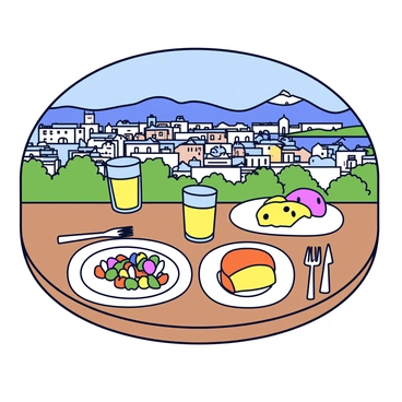 A wooden table is set with traditional Grenoble dishes, featuring a round cheese wheel, savory gratin, and a colorful salad with fresh vegetables. Each dish is elegantly arranged on white plates with simple designs. There are forks and knives placed on the sides of the plates, alongside glasses filled with a light beverage. In the background, there is a panoramic view of the city of Grenoble, showcasing its charming architecture and the surrounding mountains. The sky is clear, allowing sunlight to illuminate the scene.