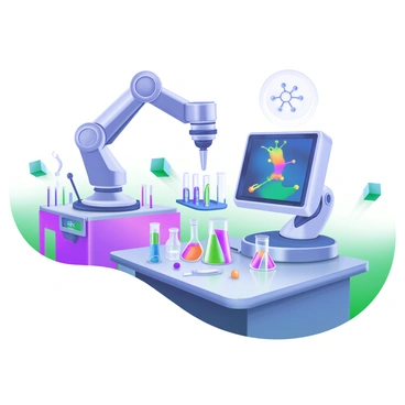 A futuristic laboratory featuring sleek, metallic surfaces and advanced peptide research equipment. High-tech devices are scattered across the workspace, including a large holographic display showcasing molecular structures in vibrant colors. Various test tubes and beakers filled with colorful liquids are organized neatly on a glossy counter. Robotic arms are positioned above the workstations, ready to assist in experiments. The atmosphere is illuminated by soft, ambient lighting, highlighting the intricate details of the lab setup.