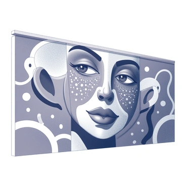 A large wall covered in a detailed mural. The mural features a bold design of a face, with intricate lines and unique patterns that form the facial features. Surrounding the face are various abstract shapes and elements that enhance the composition. The overall style showcases a dynamic arrangement of forms that draw the viewer's attention to the central face design. The mural exhibits a powerful expression, emphasizing the contours and details of the facial features.