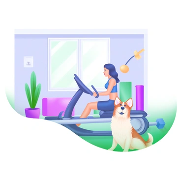 A cozy home gym setting with a large window letting in soft natural light. A person is seated on a rowing machine, focused on their workout. Next to them, a small dog with fluffy fur sits on the floor, watching curiously with its head tilted. The dog’s ears perk up, and its tail is wagging slightly. In the background, there are a few exercise equipment items, like dumbbells and a yoga mat, neatly placed. The walls are painted in light pastel colors, and a potted plant adds a touch of greenery to the scene.