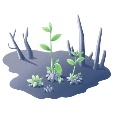 New green shoots are breaking through the dark, charred soil of a recently burned forest. The surrounding landscape shows remnants of blackened trees, with their skeletal branches reaching toward the sky. Small clusters of vibrant green sprouts are scattered throughout, contrasting sharply against the gray and black tones of the ashes. The scene depicts an area of regeneration, where life is beginning to return in the aftermath of destruction.