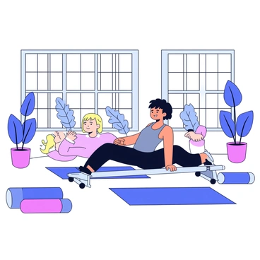 A spacious yoga studio with large windows allowing natural light. In the center of the room, a person with a focused expression is performing cable crunches using a cable machine. The individual has short black hair and is dressed in a fitted gray tank top and black leggings. The cable machine is sleek with adjustable weights and a sturdy base. Surrounding the individual are yoga mats, and behind them, there are plants and soft lighting creating a calming atmosphere.