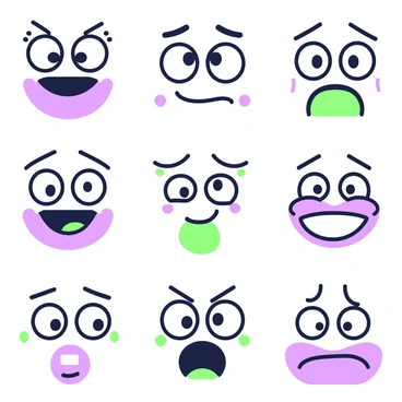 A collection of simple doodle faces arranged in a grid format. Each face displays a different emotion, such as happiness, sadness, anger, surprise, and confusion. The faces have exaggerated features like large eyes and expressive eyebrows. Some faces have upturned or downturned mouths to emphasize their emotions. The doodles are outlined clearly, with varying sizes and shapes, creating a playful atmosphere.