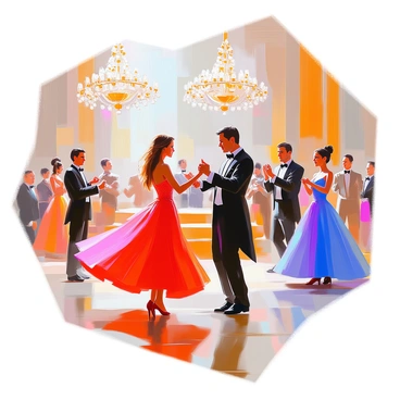 An elegant ballroom scene featuring a lavishly decorated interior with large crystal chandeliers illuminating the space. The floor is polished wood, reflecting the light from the chandeliers. Several elegantly dressed characters are dancing, showcasing a variety of beautiful gowns and tailored suits. One woman in a flowing red dress twirls gracefully with a partner in a classic black tuxedo. Another couple stands nearby, engaged in conversation, with the woman in a royal blue gown and the man sporting a stylish bow tie. The atmosphere is filled with lively energy as musicians play softly in the background.