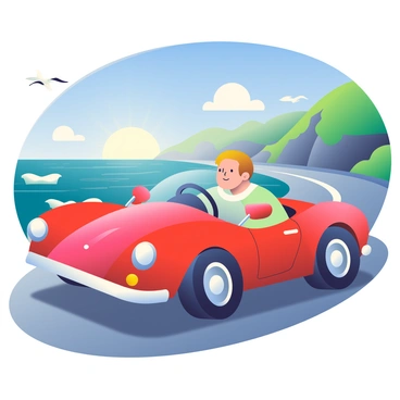 A tall man with short blond hair is driving a shiny red sports car with sleek lines along a scenic coastal road. The car's windows are down, revealing the man's focused expression as he enjoys the drive. The coastline features rocky cliffs and lush greenery, with the ocean waves crashing against the shore in the background. Bright blue skies are dotted with a few fluffy white clouds, and the sun is casting a warm glow on the scene. The road curves gracefully as it follows the coastline, with a few seagulls flying overhead.